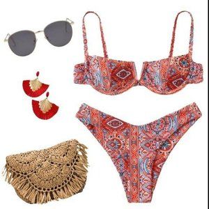 boho tribal print underwire v bikini red orange